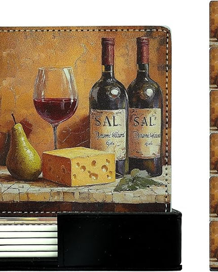 Marble Coasters Square Leather Drinks Coaster Set with Holder for Coffee Table Bar Home Decor 4 Inches Set of 6 (Vintage Wine, One Size)