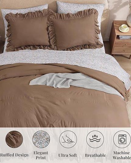 Full Comforter Set - 7 Pieces Ruffle Amber Brown Bedding Sets, Shabby Chic Farmhouse Bed in a Bag with Ruffle Comforter, Floral Sheets, Pillowcases & Shams
