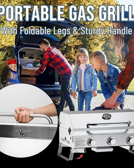 Tabletop Gas Grill 3 Burners, Portable Propane BBQ Grill with Foldable Legs for Outdoor Barbecue Patio Backyard Camping, Tailgating, RV Trip, Heavy Duty & 24000BTU, GS307