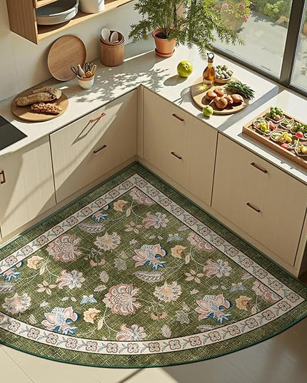 jinchan Elora Floral Corner Rug for Entryway Washable Rug Vintage Romance Christmas Design Non Slip Quarter Circle Lightweight Low-Pile Throw Carpet for Playroom Reading Nook, 4ft Radius, Green
