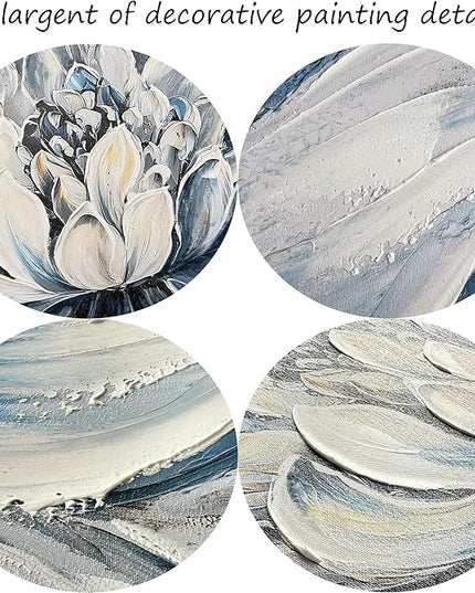 Pogusmavi Blue Floral Wall Art for Living Room - Large Textured Flower Pictures for Bedroom - Canvas Paintings, Extra Large Blue and White Wall Decor Dining Room Artwork for Walls 24×48IN