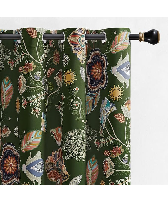 XiDi Green Floral Blackout Curtains 90 Inches Long 2 Panels Black Out Thermal Insulated Energy Efficient Grommet Cottagecore Moss Green Flower Patterned Vintage Botanical Drapes for Living Room 52x90