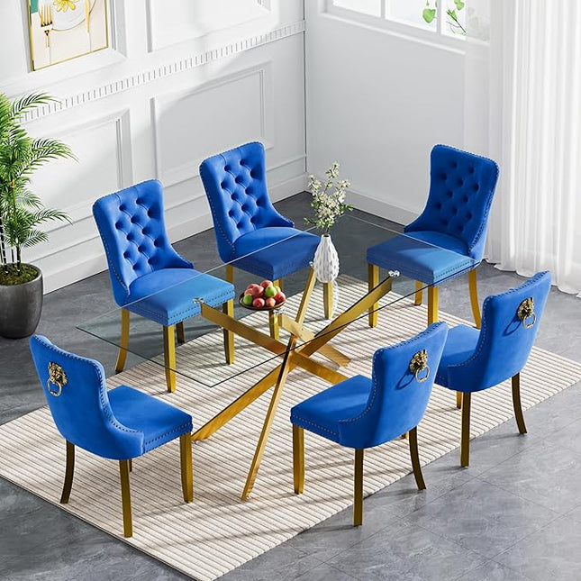 Modern 7-Piece Glass Dining Table Set for 6, Modern 60" Rectangle Gold Glass Dining Room Table Set with Blue Velvet Tufted Chairs Wood Legs for Kitchen Dining Room