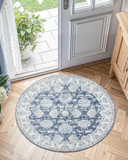 jinchan Fiora Round Rug 4ft Area Rug - Indoor Vintage Hallway Circle 4' Washable - Ultra-Thin Low Pile Soft Small Non Slip Distressed Floral Print for Living Room Bedroom Entryway Dark Blue