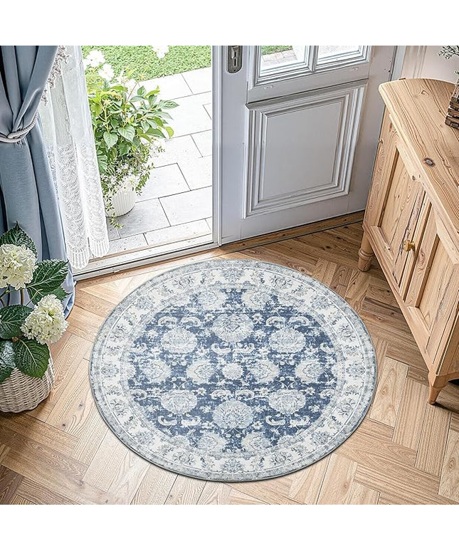 jinchan Fiora Round Rug 4ft Area Rug - Indoor Vintage Hallway Circle 4' Washable - Ultra-Thin Low Pile Soft Small Non Slip Distressed Floral Print for Living Room Bedroom Entryway Dark Blue