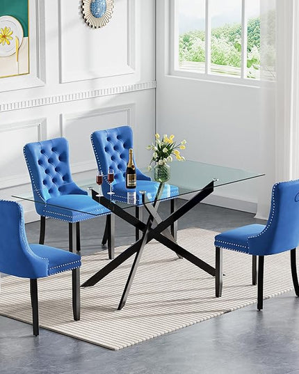 Modern 5-Piece Glass Dining Table Set for 4, Modern 60" Rectangle Black Glass Dining Room Table Set with Blue Velvet Tufted Chairs Wood Legs for Kitchen Dining Room