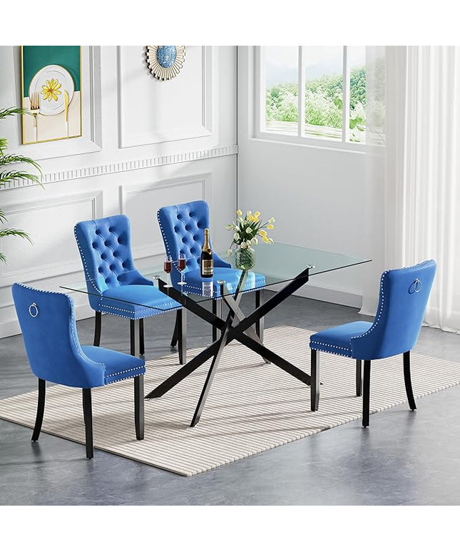 Modern 5-Piece Glass Dining Table Set for 4, Modern 60" Rectangle Black Glass Dining Room Table Set with Blue Velvet Tufted Chairs Wood Legs for Kitchen Dining Room