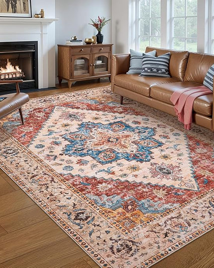 Ciicool 5x7 Area Rugs, Washable Area Rug Boho Rugs for Living Room Non-Slip Indoor Rugs Large Low-Pile Mat Floor Carpet Vintage Rug for Bedroom Office Dinning Foyer Decor