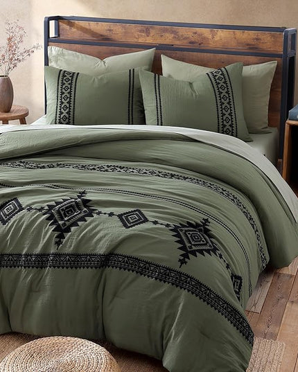 MaiRêve Embroidery Comforter Set, Boho Farmhouse Western Bedding Set, All Season Bed in A Bag Comforter Set with Sheets, Pillowcases & Shams, Olive Green Full 7 Pieces