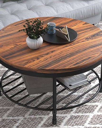 NSdirect 36" Round Coffee Table with Storage Shelf, Dark Grey Brown Vintage Wood Top & Metal Legs - 18.5" Height End Table for Small Spaces (Dark Red Brown)