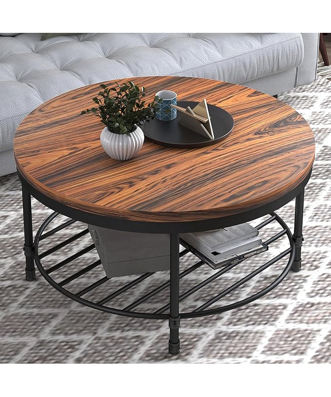 NSdirect 36" Round Coffee Table with Storage Shelf, Dark Grey Brown Vintage Wood Top & Metal Legs - 18.5" Height End Table for Small Spaces (Dark Red Brown)