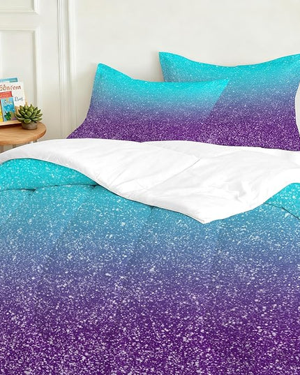 Girls Gradient Glitter Comforter Set Twin Size 3D Bedding Set for Boys Kids Adults, Colorful Quilt Set Gradient Glitter Themed Bedding Blue Purple 3D Sparkly Galaxy Bedroom Decor Bedding Set