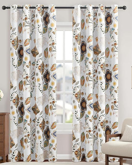 XiDi White Vintage Floral Curtains 90 Inches Long for Living Room Bedroom Blackout Thermal Insulated Grommet Curtains Mid Century Luxury Floral Leaf Patterned Mid Century Colorful Black Out Darpes