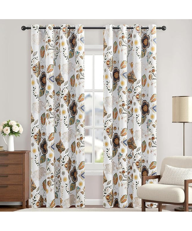 XiDi White Vintage Floral Curtains 90 Inches Long for Living Room Bedroom Blackout Thermal Insulated Grommet Curtains Mid Century Luxury Floral Leaf Patterned Mid Century Colorful Black Out Darpes