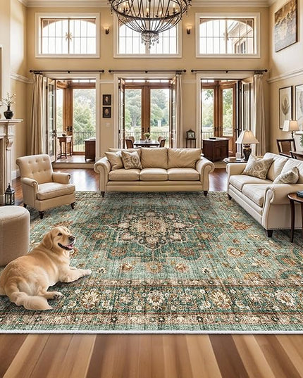 Washable Oriental Area Rug - 12x15 Rugs for Living Room Soft Carpet for Bedroom Waterproof Floral Distressed Indoor Stain Resistant Non-Shedding Floor Carpets (Green, 12x15)