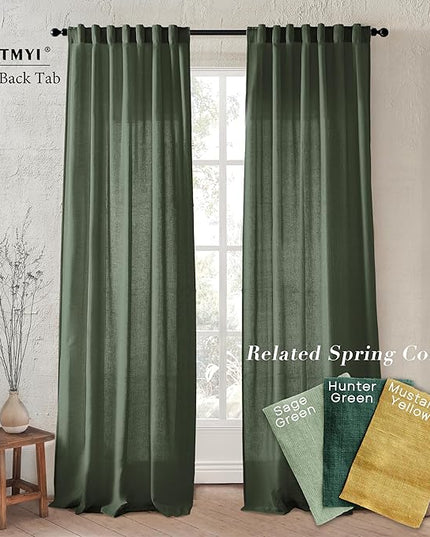 XTMYI Olive Green Boho Closet Curtains 80 Inch Length for Bedroom Closet Door,2 Panels Set Farmhouse Linen Semi Sheer Back Tab Pleated Easy Open Sliding Door Curtains,80 Inches Long