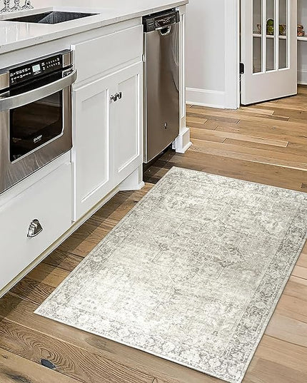ReaLife Rugs Machine Washable Area Rug - Living Room Bedroom Bathroom Kitchen Entryway Office - Padded Crease Free Stain Resistant Premium - Boho Farmhouse Vintage- Lyle- Beige Ivory- 2'x 3'