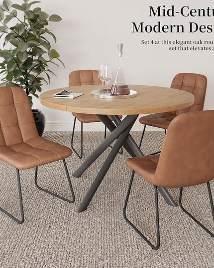 45.3 Inch Round Dining Table Set for 4, Mid Century Modern Small Kitchen Coffee Set for Dining Room Kitchen Apartment (Oak Table + 4 U-Shaped Brown Chairs)