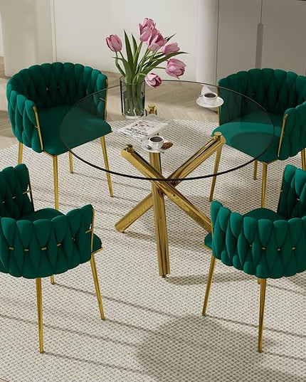 Modern Golden Round Dining Table Set, 36'' Clear Circle Glass Top Dinner Room Set, 5 PCS Luxury Circular Kitchen Table and Green Woven Chairs Set of 4, for Small Apartment Bedroom Leisure