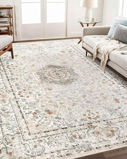 5x7 Area Rugs Washable,Boho Rug for Living Room Bedroom Kitchen,Large Vintage Bohemian Distressed Carpet Non Slip,Beige