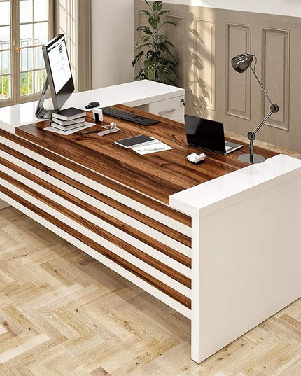 Leon 87" Wood Executive Large Desk for Home Office | Executive Right Side L Shaped Corner Desk & File Drawers w/Telescopic Rail | Modern Business Furniture | White & Brown