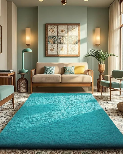 Ophanie Teal Rugs for Living Room Bedroom, 5x8 Fluffy Fuzzy Furry Carpet, Plush Soft Shaggy Bedside Indoor Floor Area Rug for Kids Girls Boys Baby Teen Dorm Nursery Home Decor Aesthetic