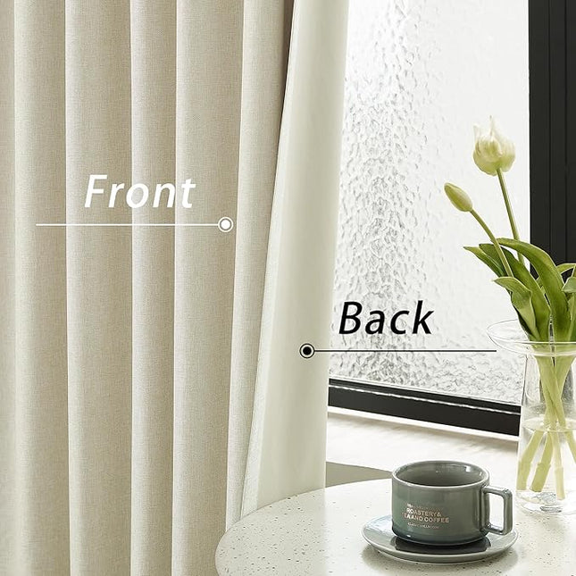 Cream Beige Linen Full Blackout Curtains 108 Inch Length 2 Panels Set for Living Opaque Privacy Back Tab Thermal Insulated 100% Black Out Room Darkening 9ft Window Curtain Drapes 108 Inches Long