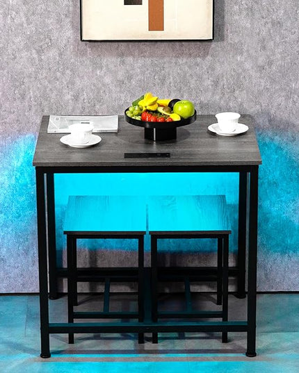 Finnhomy 3-Piece Dining Table Set, Small Kitchen Table with 2 Chairs, LED Light and USB Type-C Power Outlet, Space-Saving Design for Dining Room, Living Room, Apartment, Grey+Black