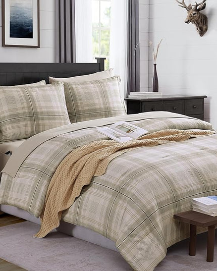 MaiRêve Plaid Queen Comforter Sets, Khaki Green Grid Farmhouse Bedding Set Bed in A Bag, Classic Checkered Comforter Sets with Fitted & Flat Sheet, Pillowcases & Shams 90"x90"