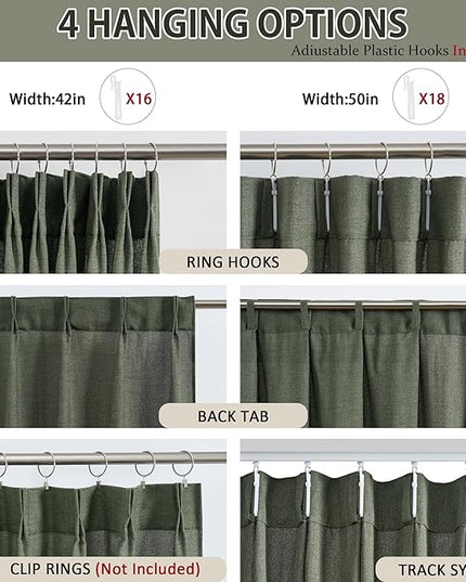 RAIN CITY 90 Inch Long Linen Curtains 2 Panels Set, Back Tab Pinch Pleated with Hooks, Light Filtering Modern Neutral Decor Window Curtain Drapes for Bedroom,- Loden/Olive Forest W42 x L90
