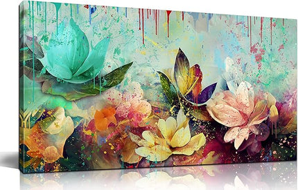 GUGIKA Flower Wall Art for Living Room, Watercolor Floral Canvas Wall-Art for Bedroom, Colorful Lotus Print Painting, Size 48x24 Inches