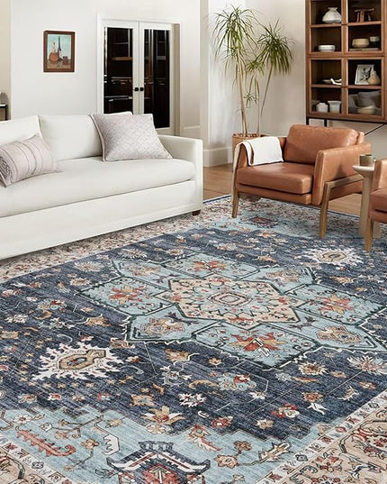 Washable Oriental Area Rug - 10x12 Rugs for Living Room Soft Carpet for Bedroom Waterproof Floral Distressed Indoor Stain Resistant Non-Shedding Floor Carpets (Blue/Teal/Orange, 10x12)