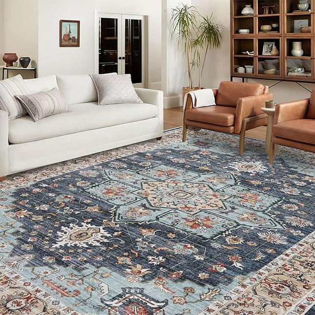 Washable Oriental Area Rug - 10x12 Rugs for Living Room Soft Carpet for Bedroom Waterproof Floral Distressed Indoor Stain Resistant Non-Shedding Floor Carpets (Blue/Teal/Orange, 10x12)