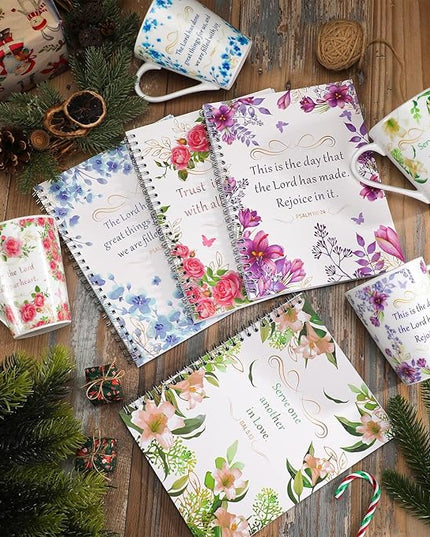 Eaasty 8 Pcs Christian Gifts 4 Ceramic Coffee/tea Mug Set for Women Floral Bible Verse Mug Set 4 Inspirational Religious Writing Notebook Journal with Scripture Religious Spiral Journal for Xmas