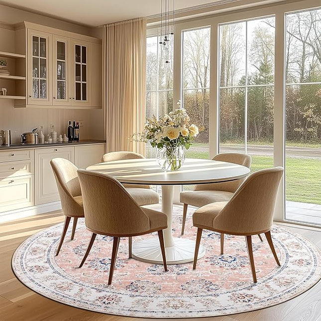 jinchan Fiora Round Rug 8ft Area Rugs - Vintage Floral Distressed Design Machine Washable Non-Slip Low-Pile Ultra-Thin Circle Rug for Living Room Dining Room Bedroom Home Office (8' Round, Pink)