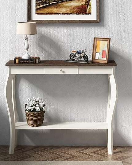 ChooChoo Narrow Farmhouse Console Table with Drawer, Chic Accent Sofa Entryway Table with Shelves for Entryway, Living Room, Hallway, Soft White