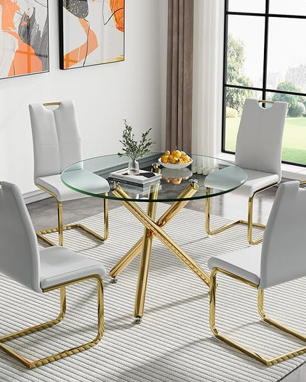 HomVent Round Glass Dining Table Set for 4, 5-Piece Modern Kitchen Table Set with 4 PU Upholstered Chair for Kitchen Dining Room, Glass Dining Room Table Set