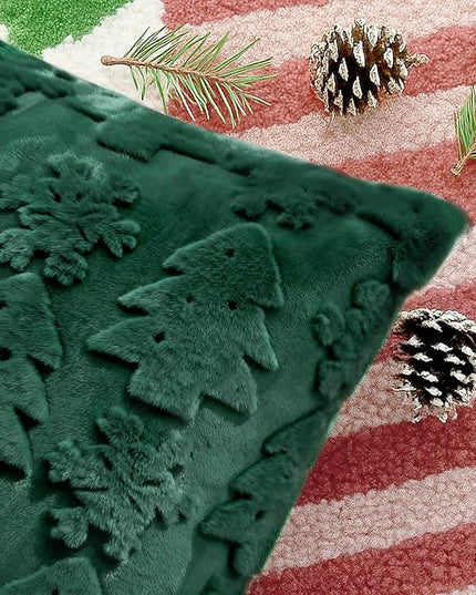 Touchat Christmas Pillow Covers 18x18, Soft Faux Rabbit Fur Throw Pillow Covers with 3D Embroidery Christmas Tree and Snowflake Design for Winter Holiday Home Decor, Couch Sofa Bedroom, Green
