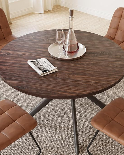 45.3 Inch Round Dining Table Set for 4, Mid Century Modern Small Coffee Set for Dining Room Kitchen Apartment (Dark Walnut Table + 4 U-Shaped Brown Chairs)