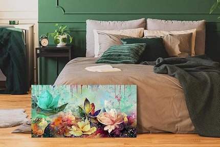 GUGIKA Flower Wall Art for Living Room, Watercolor Floral Canvas Wall-Art for Bedroom, Colorful Lotus Print Painting, Size 48x24 Inches