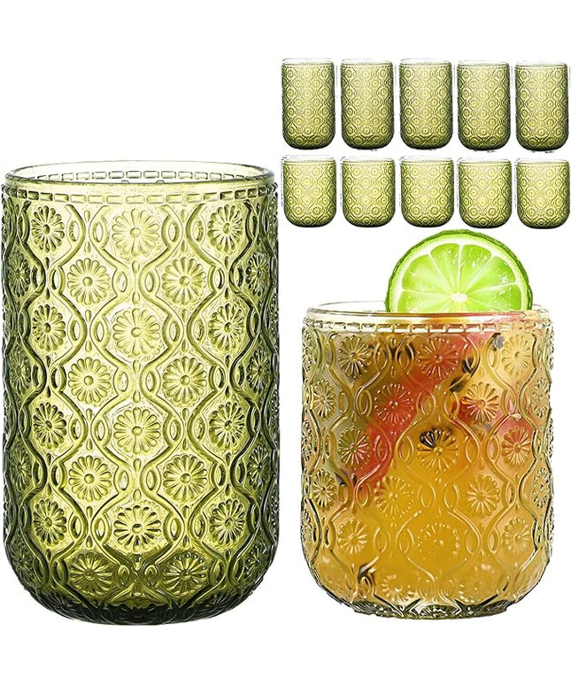 Green Drinking Glasses Set of 12, 12 Oz Highball & 10 Oz Cocktail Glasses, Green Kitchen Vintage Glassware Set, Floral Embossed Glass Tumbler Cups for Water, Beer, Juice, Whiskey, Coffee