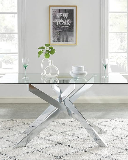 Edwin's Choice 58.5” Rectangle Glass Dining Table, Tempered Glass Tabletop and Metal Tubular Legs, Modern Style Table for Home, Kitchen, Dining Room 58.5”Lx29”Wx30”H, Silver (Table Only)
