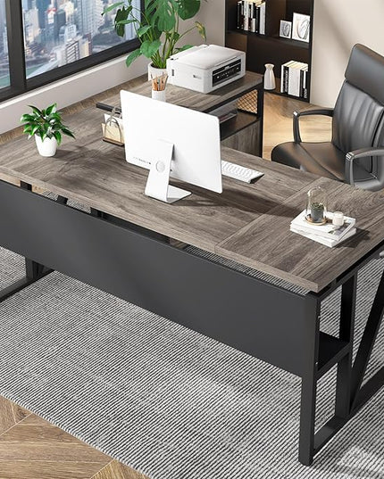 Tribesigns 63 inches Computer Desk with Bottom Storage Shelf Home Office Desk Writing Table for Workstation,Dark Walnut + Steel Leg， Cabinet not Included (Grey, 63-inch-with Shelf)