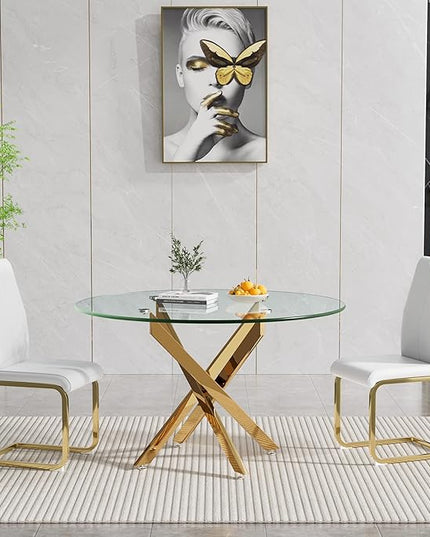 HomVent Round Glass Dining Table Set for 2, 3-Piece Modern Kitchen Table Set with 2 PU Upholstered Chair for Kitchen Dining Room, Glass Dining Room Table Set