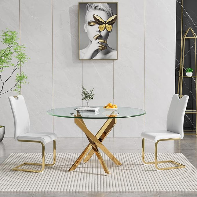 HomVent Round Glass Dining Table Set for 2, 3-Piece Modern Kitchen Table Set with 2 PU Upholstered Chair for Kitchen Dining Room, Glass Dining Room Table Set