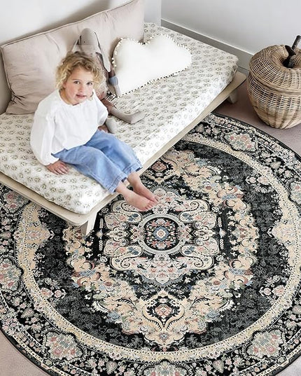 Black Round Rug 6ft,Large Circle Area Rugs for Bedroom Living Room Dining Room,Washable Boho Vintage Bohemian Distressed Oriental Carpet Non Slip,Floral