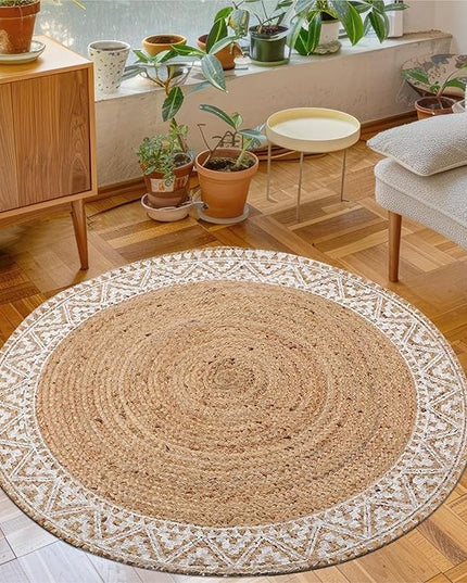 voyzz home Premium Natural Jute Braided Area Rug, 6-feet Round, White Printed Border, Stain Resistance, Natural Handmade Rug for Entryways, Living Room, Dining Room, Bedroom, Farmhouse, Kitchen