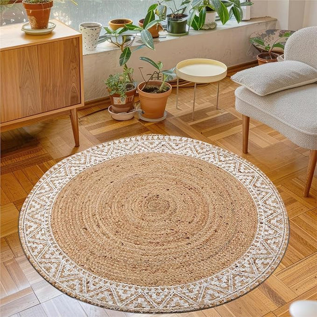 voyzz home Premium Natural Jute Braided Area Rug, 6-feet Round, White Printed Border, Stain Resistance, Natural Handmade Rug for Entryways, Living Room, Dining Room, Bedroom, Farmhouse, Kitchen