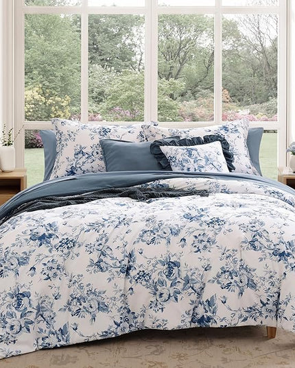 Full Comforter Set -7 Pieces Floral Blue Comforter Set for All Seasons, Bed in a Bag Full with Botanical Flowers Comforter, Sheets, Pillowcases & Shams