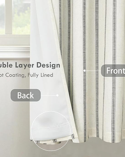 DriftAway Farmhouse Linen Blend Blackout Curtains 63 Inches Long for Bedroom Vertical Striped Printed Linen Curtains Thermal Insulated Lined Treatments for Living Room 2 Panels W52 x L63 Black